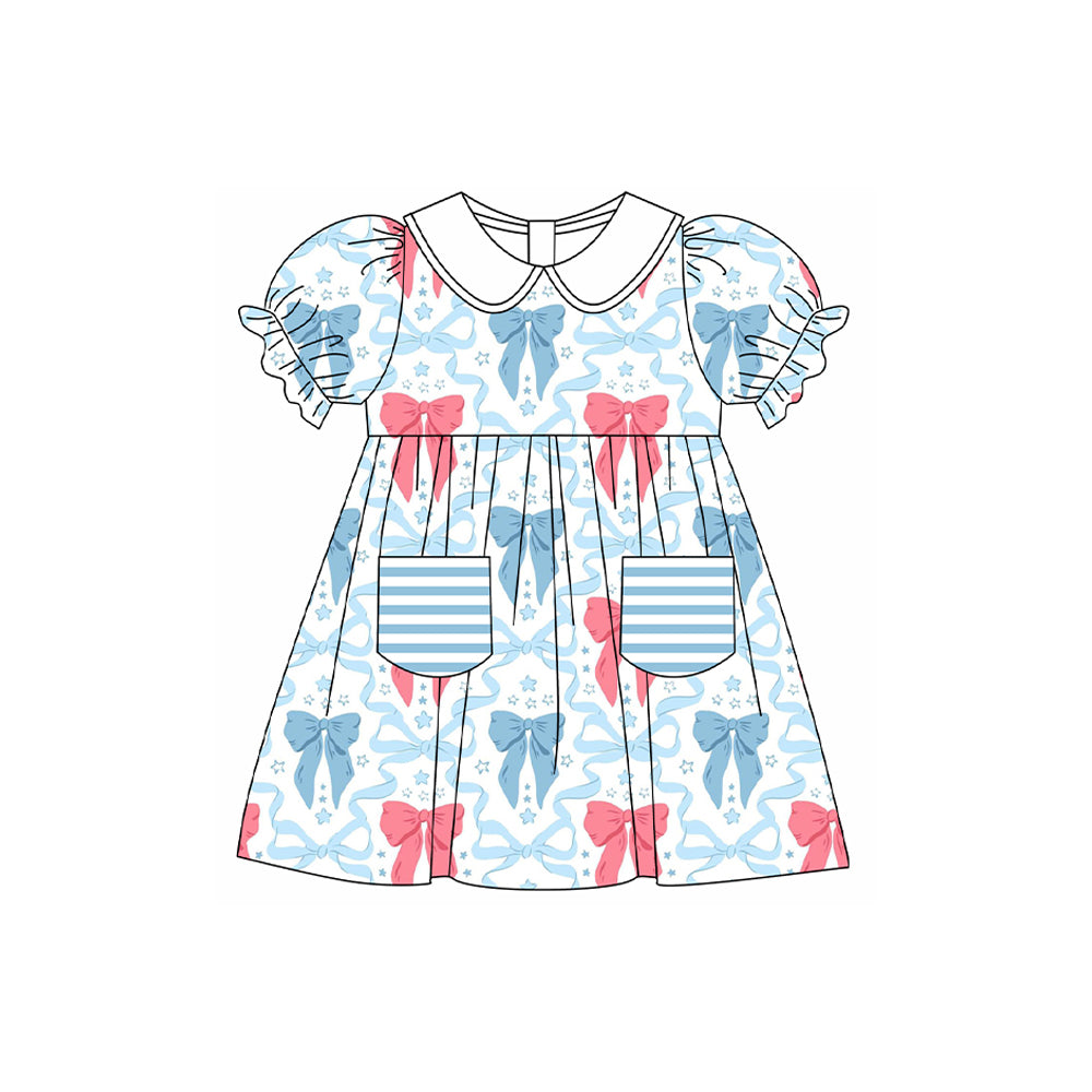 Preorder Baby Girl Short Sleeves July 4th Bows Pockets Knee Length Dress