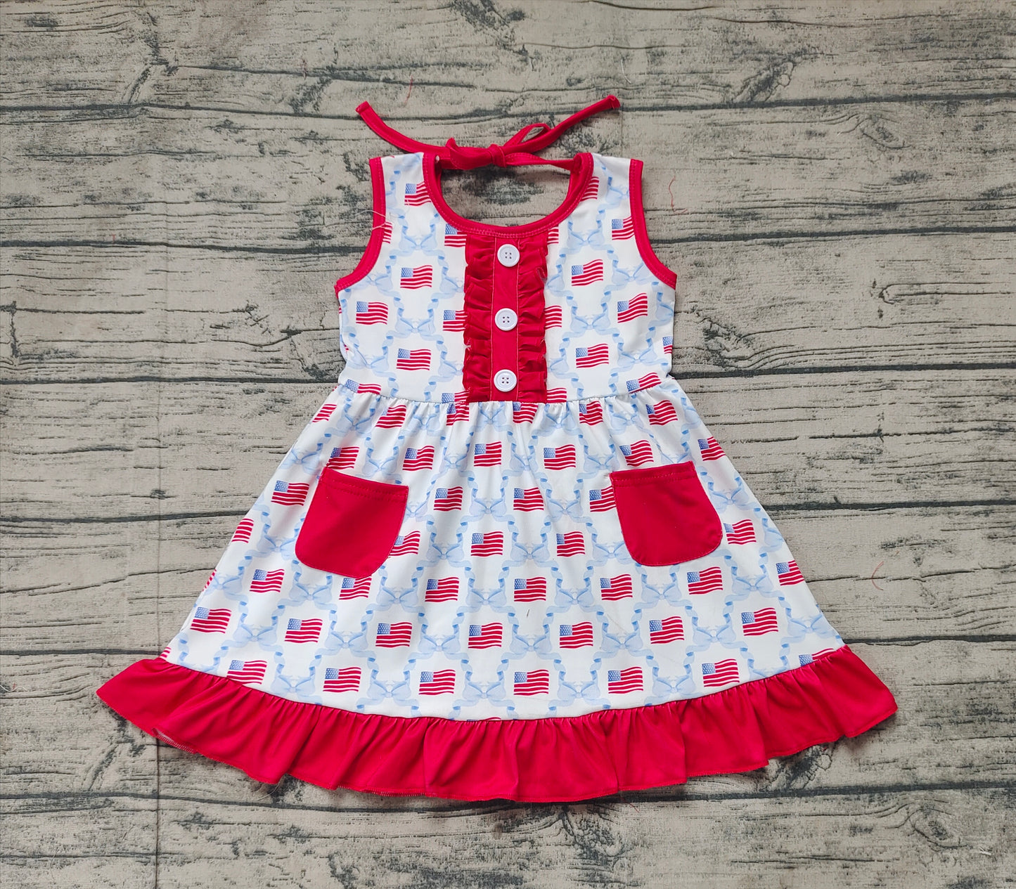 Baby Girl July 4th Flag Bows Pocket Knee Length Dress RTS