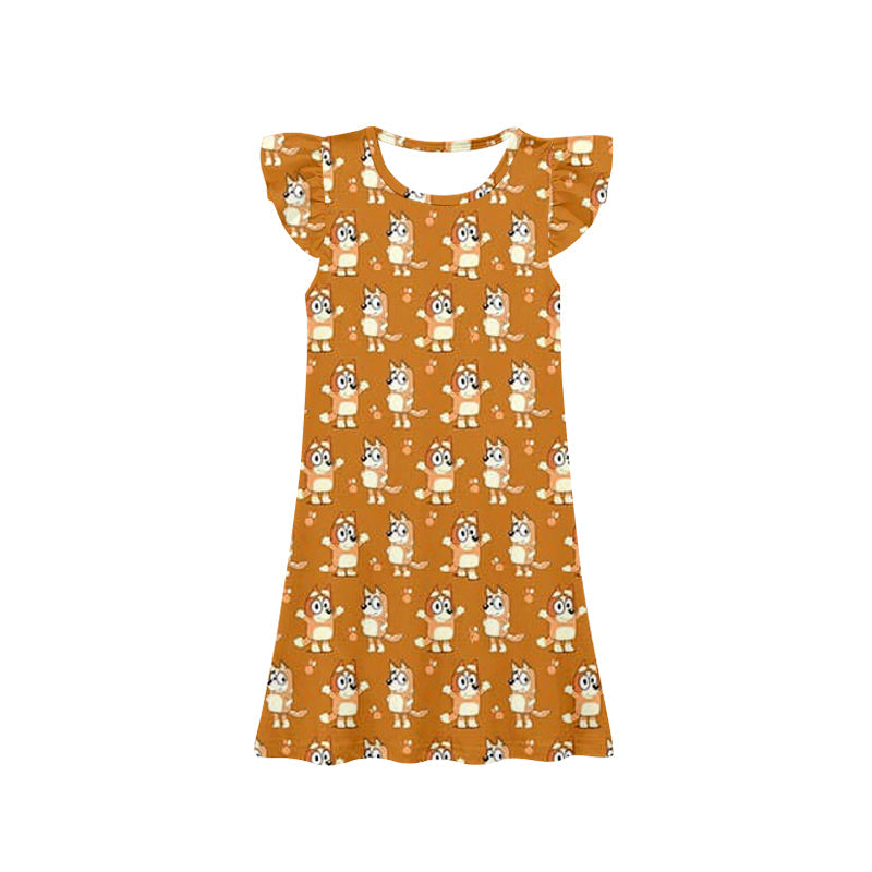 Preorder Baby Girl Short Sleeves Dogs Orange Knee Length Dress