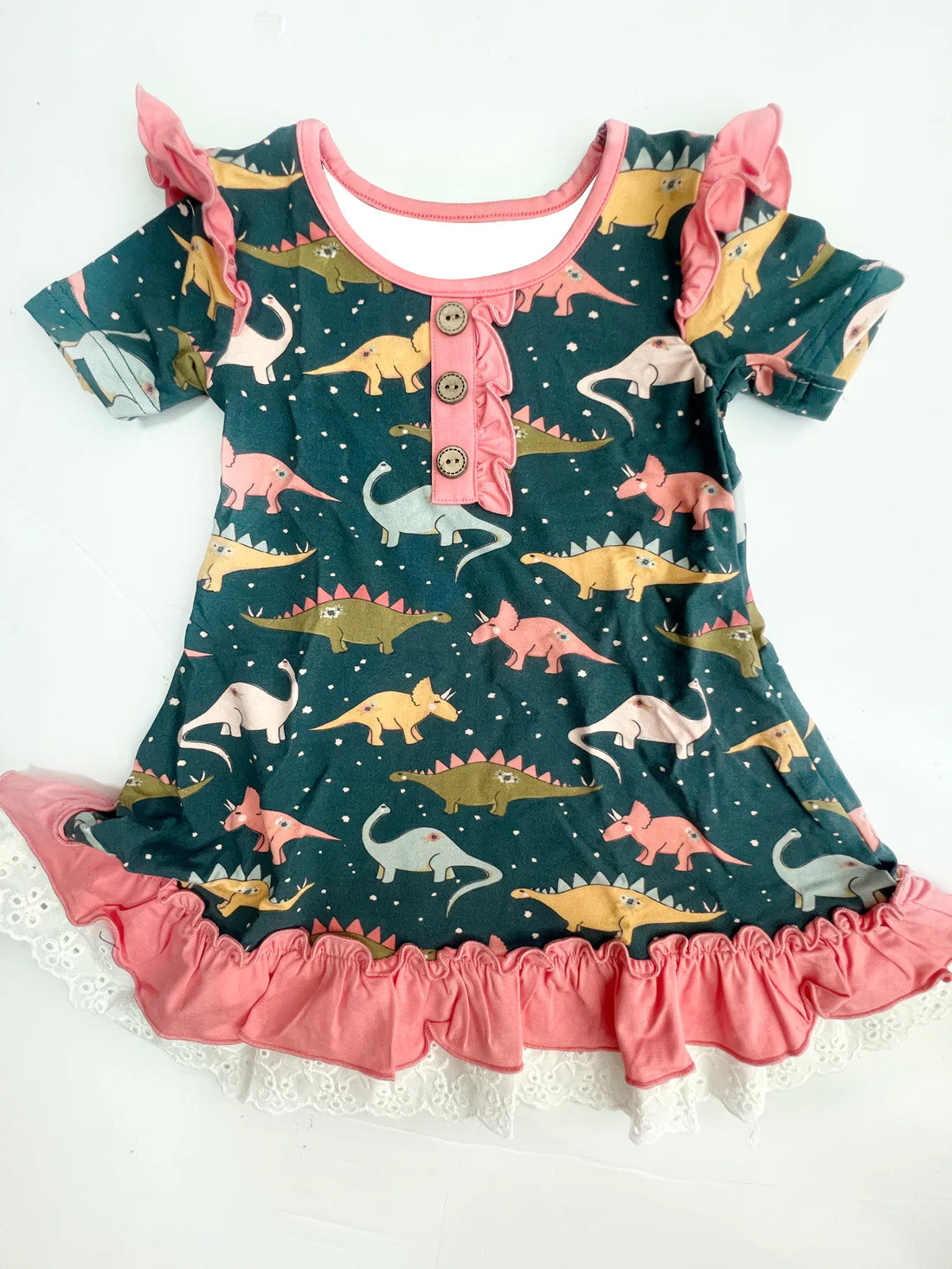Preorder Baby Girl Short Sleeves Dinosaurs Knee Length Dress