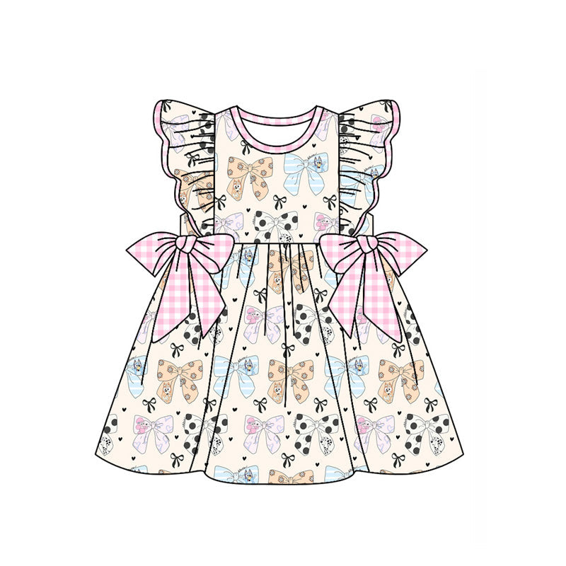 Baby Girl Short Sleeves Dogs Bows Hearts Knee Length Dress RTS