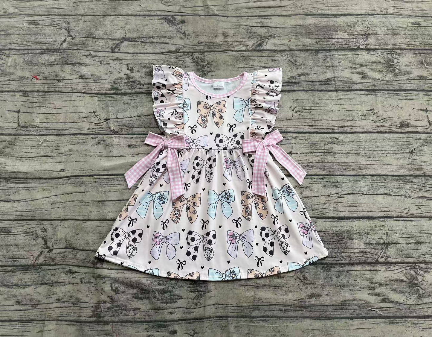Baby Girl Short Sleeves Dogs Bows Hearts Knee Length Dress RTS