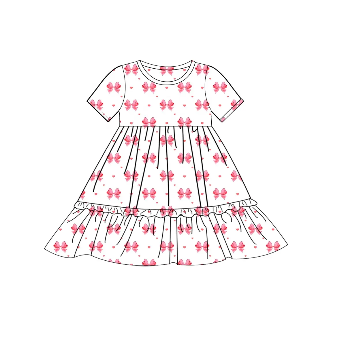 Preorder Baby Girl Short Sleeves Bows Knee Length Dress