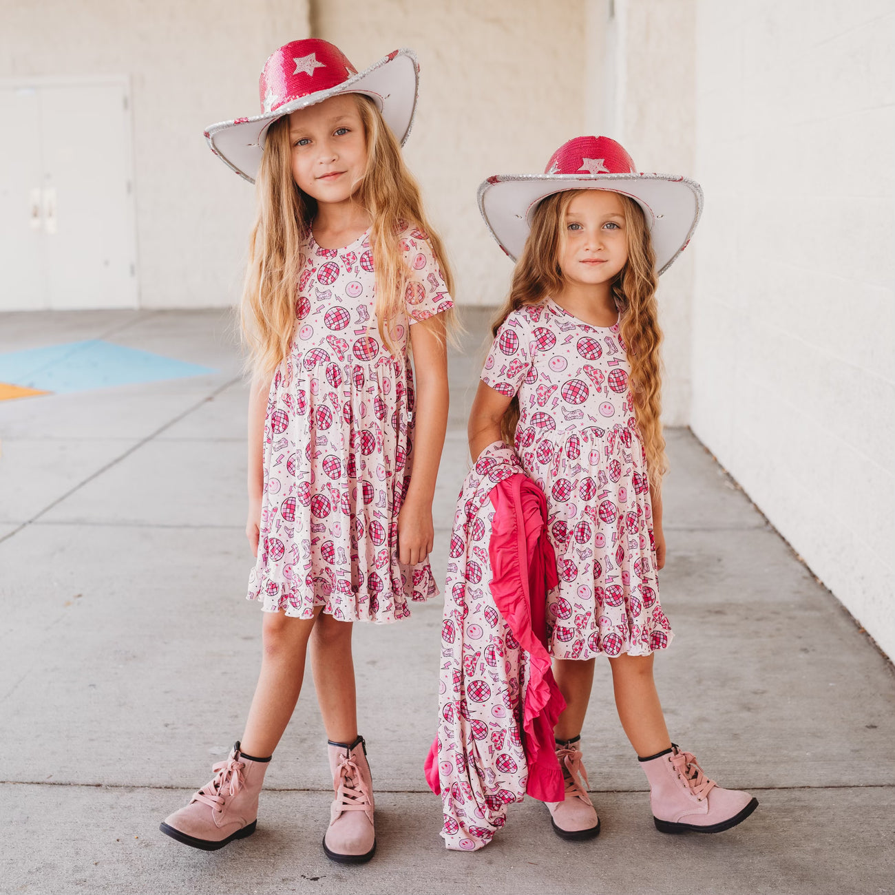 Preorder Baby Girl Short Sleeves Disco Boots Western Knee Length Dress