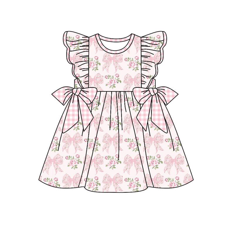 Preorder Baby Girl Short Sleeves Pink Flower Bows Knee Length Dress