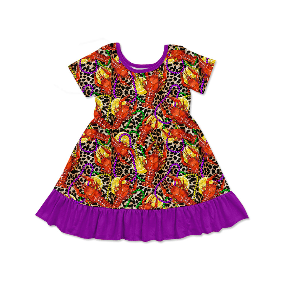 Preorder Baby Girl Short Sleeves Mardi Gras Crawfish Knee Length Dress