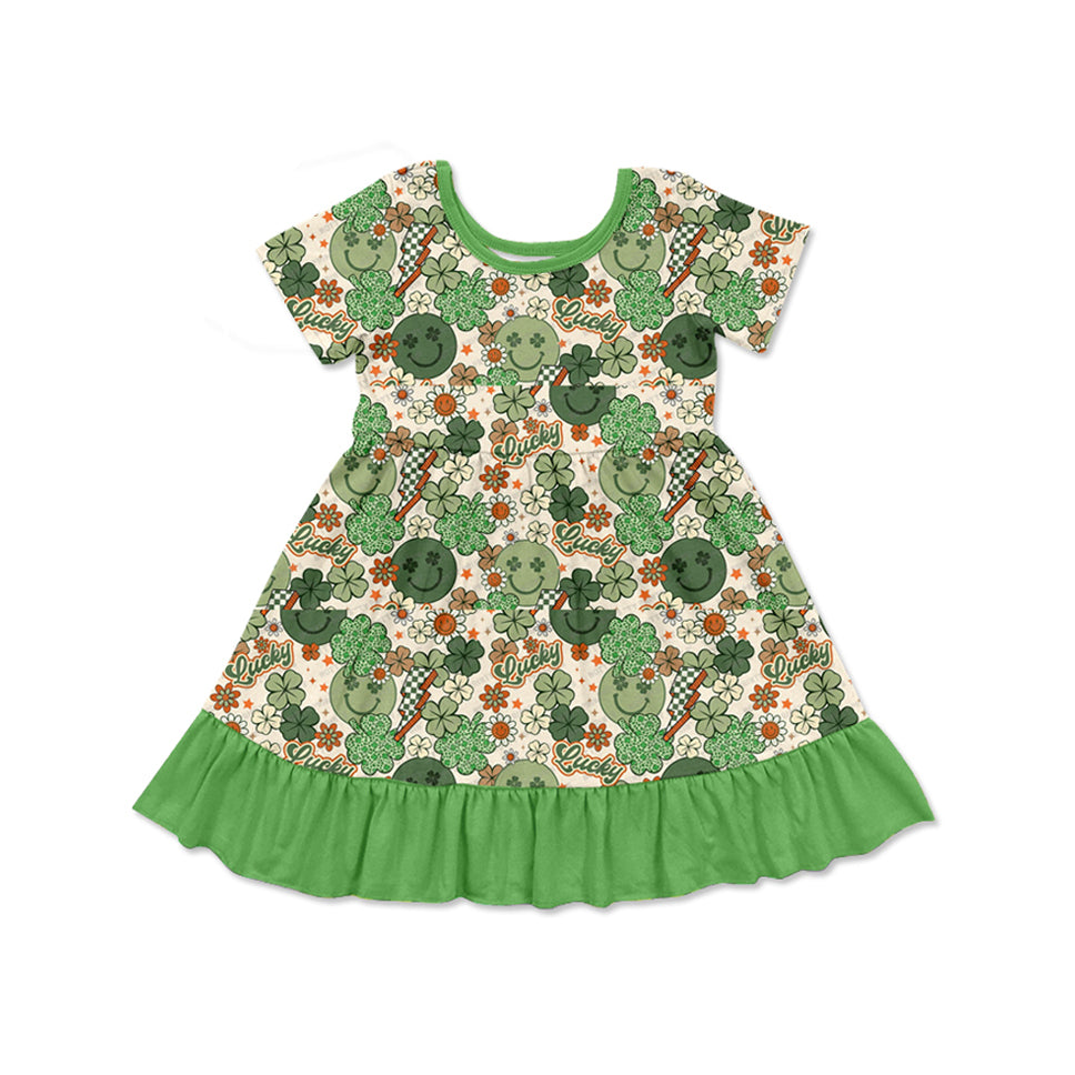 Preorder Baby Girl Kids Short Sleeves St Patrick Day Smile Clovers Knee Length Dress