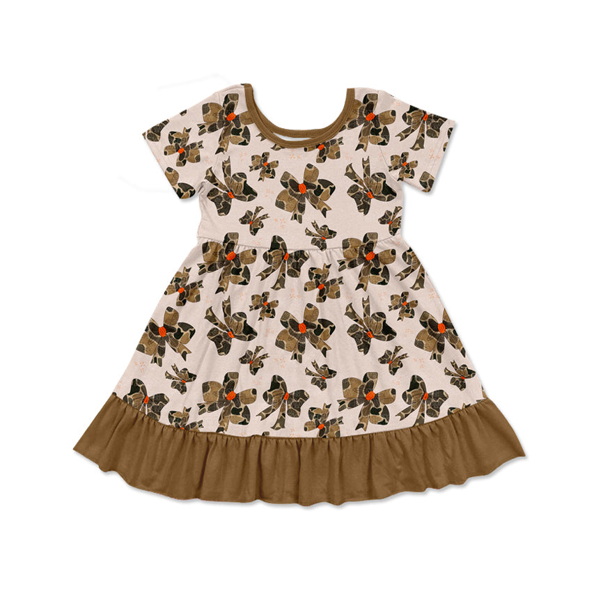 Preorder Baby Girl Short Sleeves Bows Brown Camo Knee Length Dress