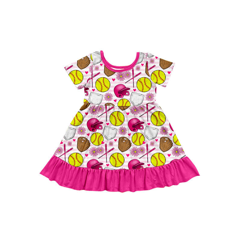 Preorder Baby Girl Short Sleeves Softball Ruffle Knee Length Dress
