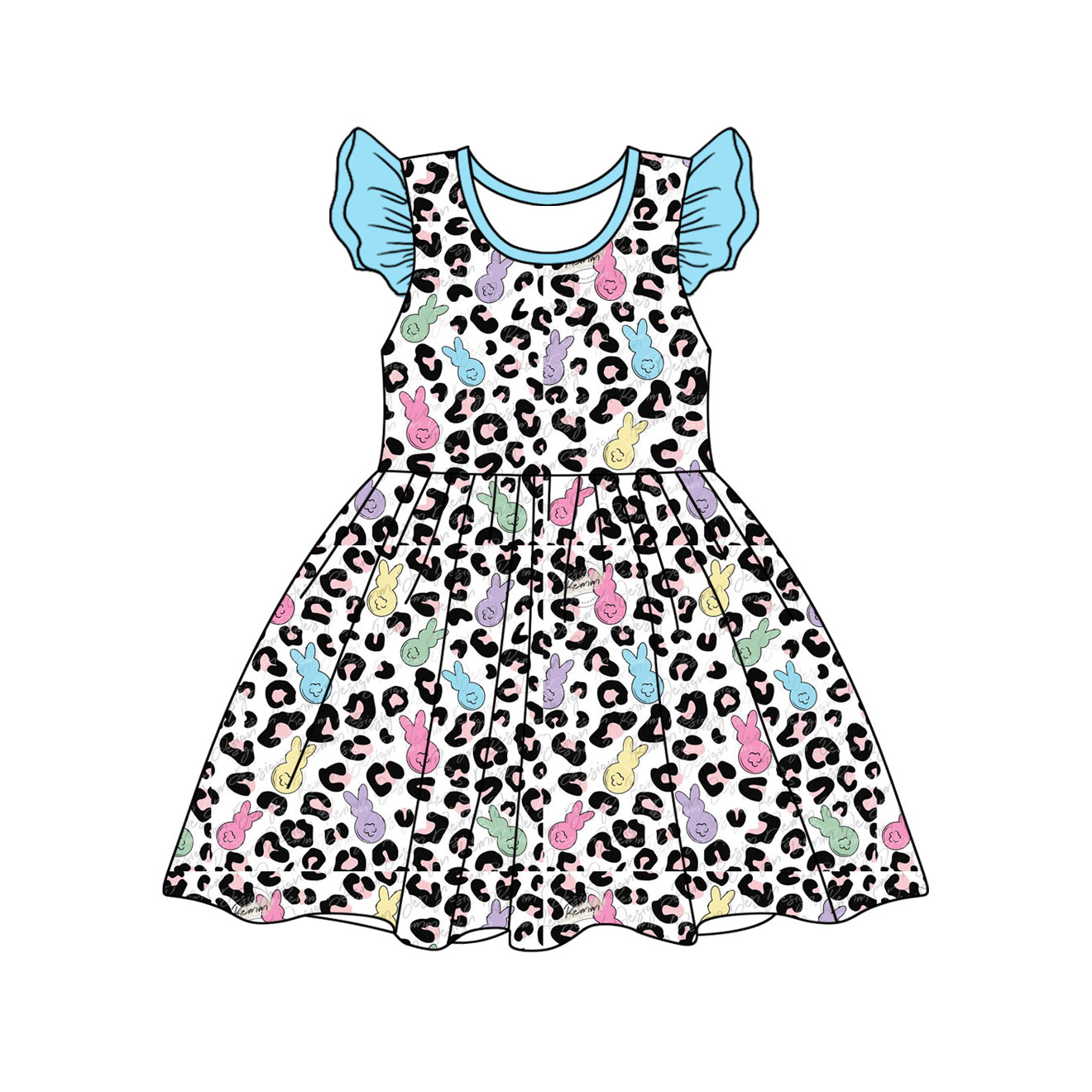 Preorder Baby Girl Short Sleeves Easter Leopard Rabbits Knee Length Dress