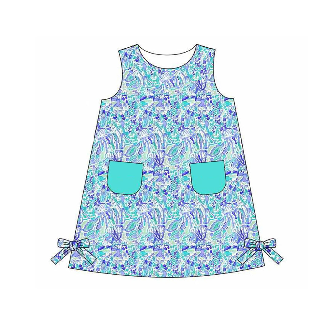 Preorder Baby Girl Sleeveless Sea Flowers Pockets Knee Length Dress