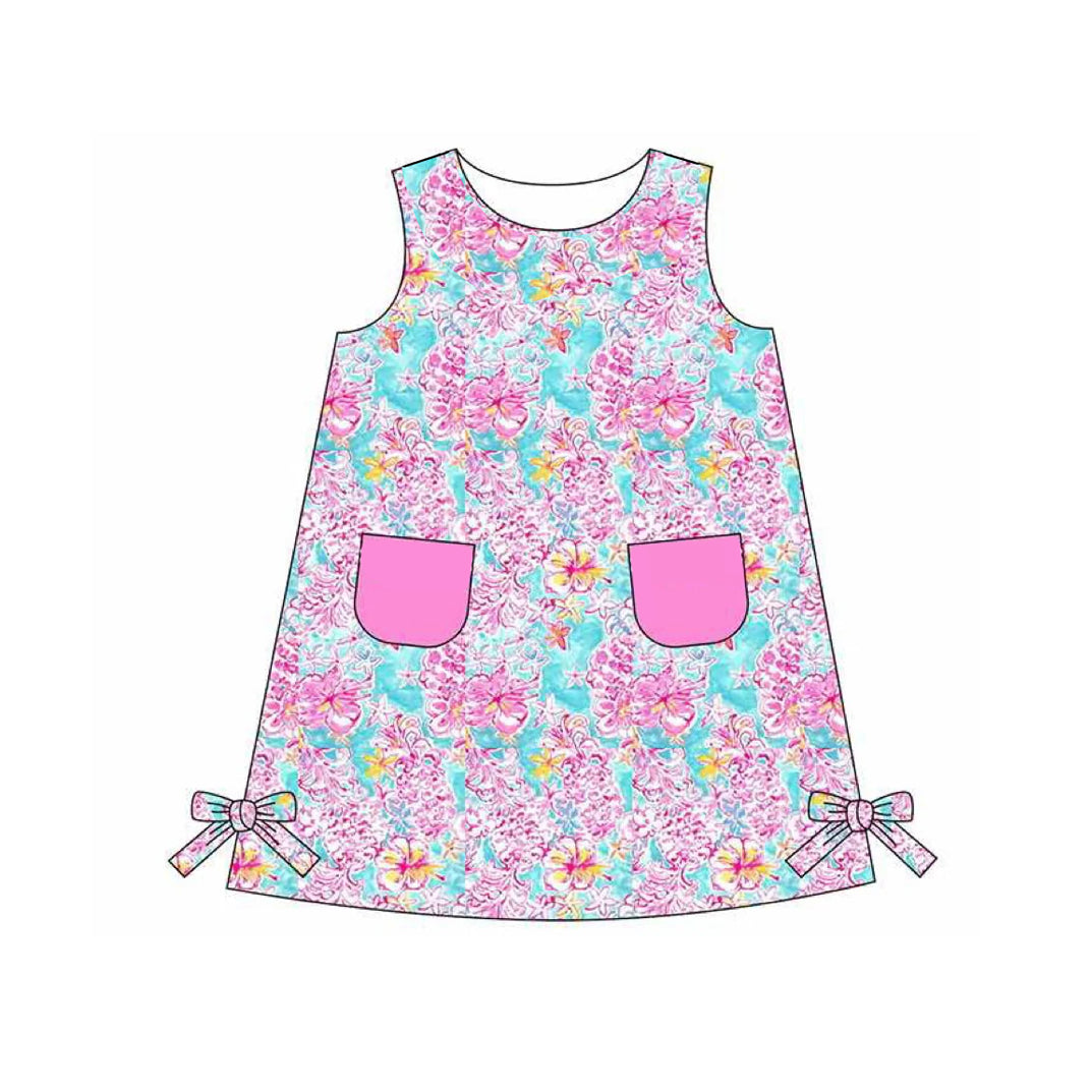 Preorder Baby Girl Sleeveless Sea Flower Pockets Knee Length Dress