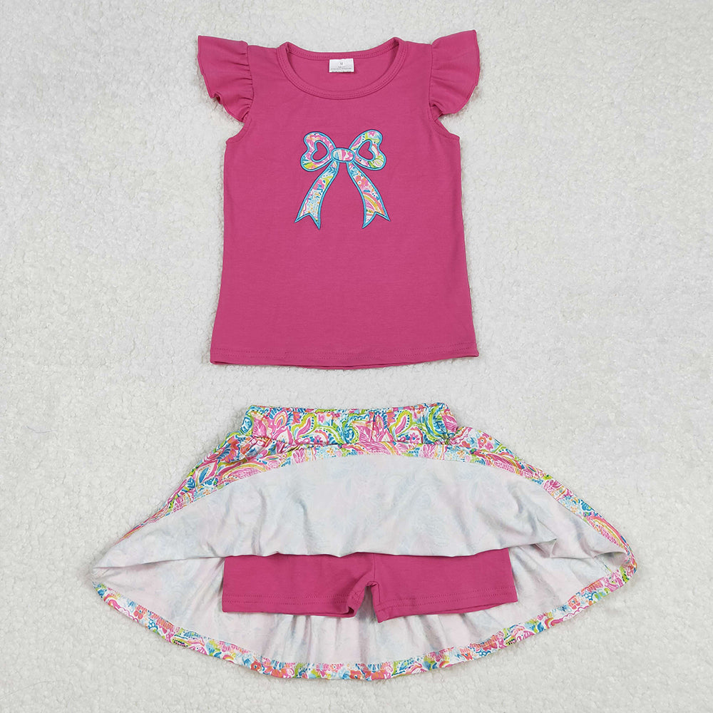 Baby Girl Short Sleeves Embroidery Bows Flower Skort Sibling Clothes Set RTS