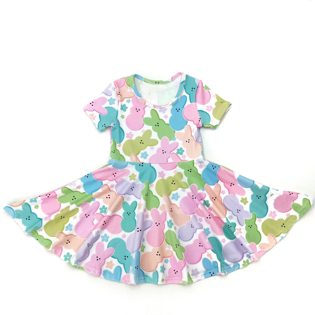 Preorder Baby Girl Short Sleeves Easter Colorful Rabbits Knee Length Dress