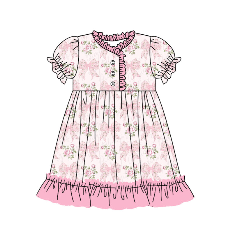 Preorder Baby Girl Short Sleeves Pink Bows Flower Ruffle Knee Length Gowns Dress