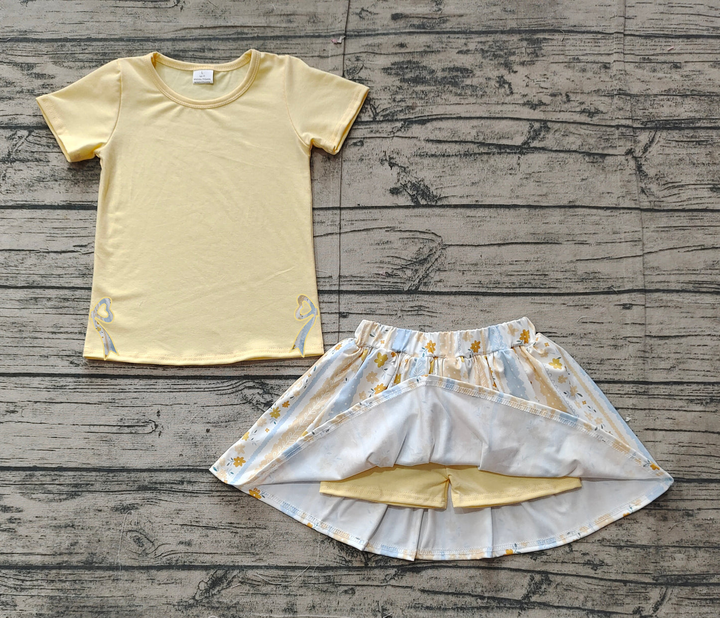 Baby Girl Short Sleeves Embroidery Bows Yellow Shirt Flower Skirt Shorts Skorts Clothes Set