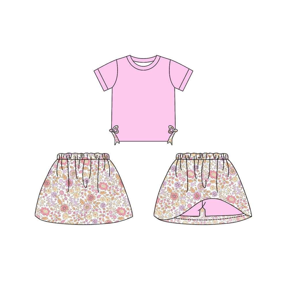 Preorder Baby Girl Pink Short Sleeves Bows Shirt Floral Skirt Shorts Skorts Clothes Set