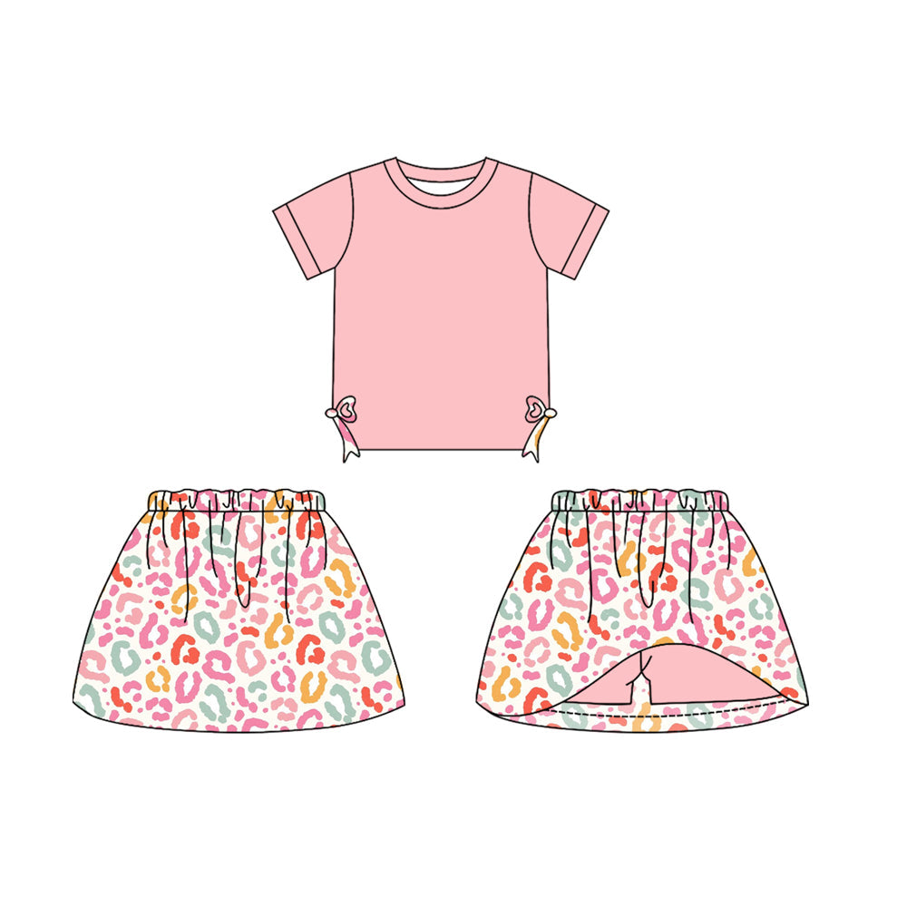 Preorder Baby Girl Pink Short Sleeves Bows Shirt Leopard Skirt Shorts Skorts Clothes Set
