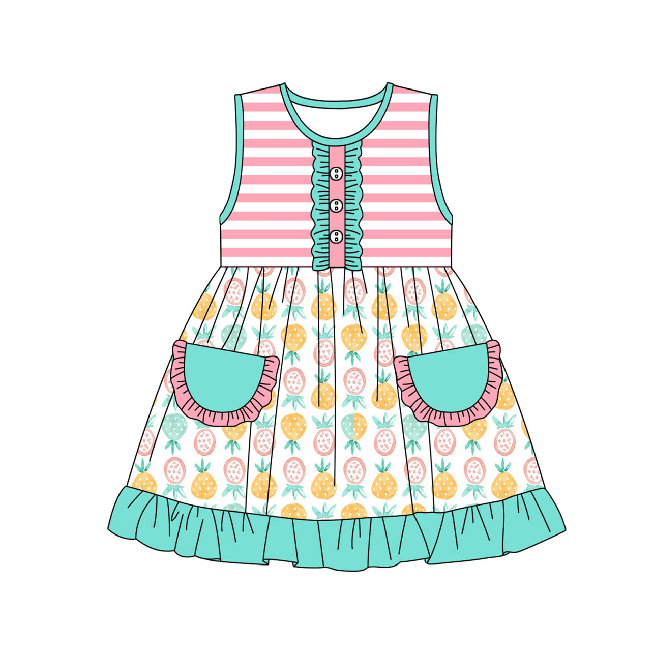 Preorder Baby Girl Sleeveless Stripes Pineapple Pockets Knee Length Dress