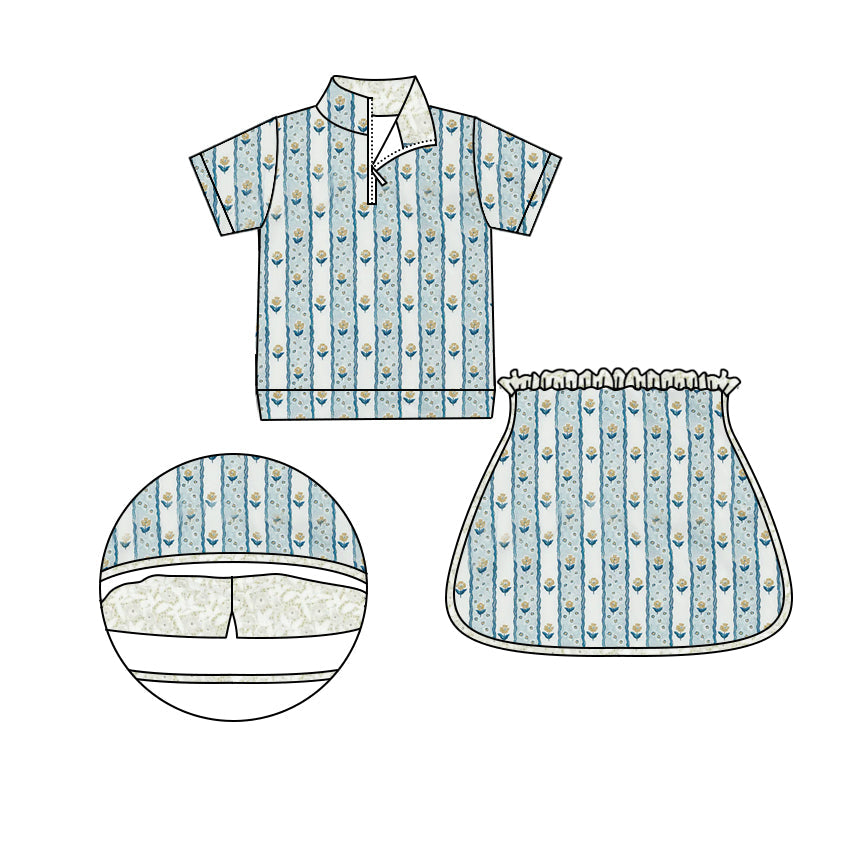 Preorder Baby Girl Long Sleeves Stripes Flower Zipper Shirt Shorts Skirt Skorts Clothes Set
