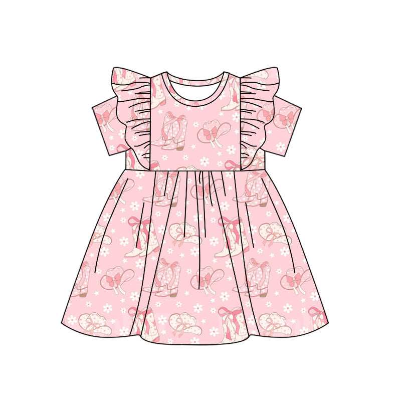 Preorder Baby Girl Short Sleeves Boots Hats Flower Western Knee Length Pink Dress