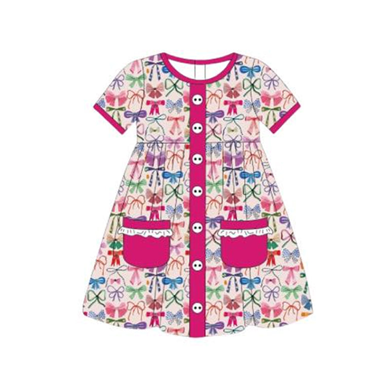 Preorder Baby Girl Short Sleeves Bows Pockets Knee Length Buttons Dress
