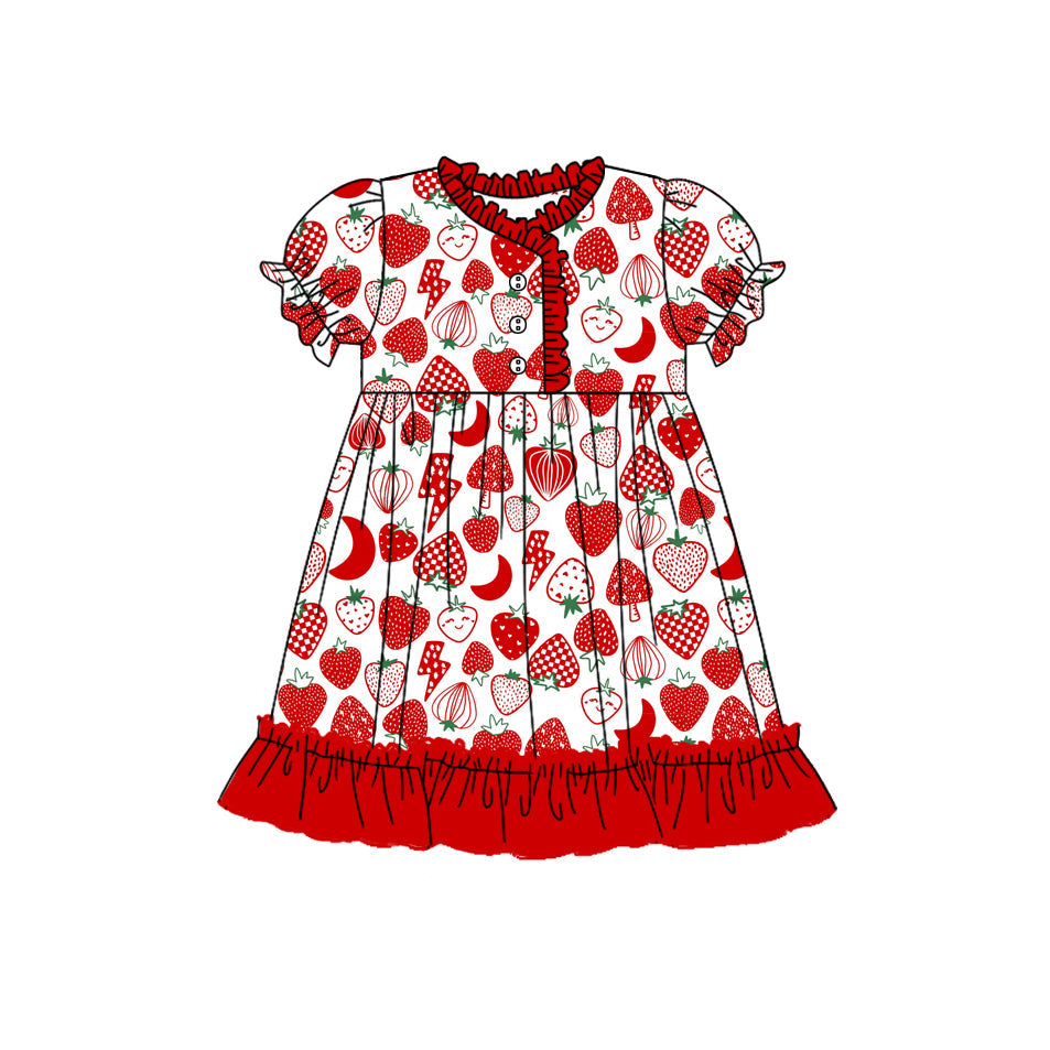 Preorder Baby Girl Short Sleeves Red Strawberry Ruffle Knee Length Gown Dress