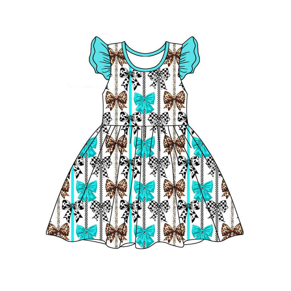 Preorder Baby Girl Short Sleeves Western Turquoise Bows Knee Length Dress