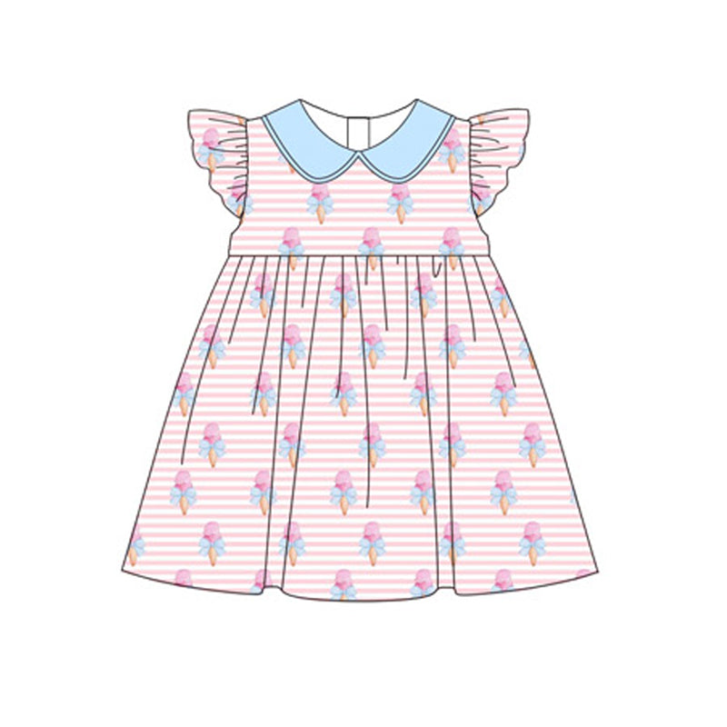 Preorder Baby Girl Short Sleeves Stripes Bows Popstic Knee Length Dress