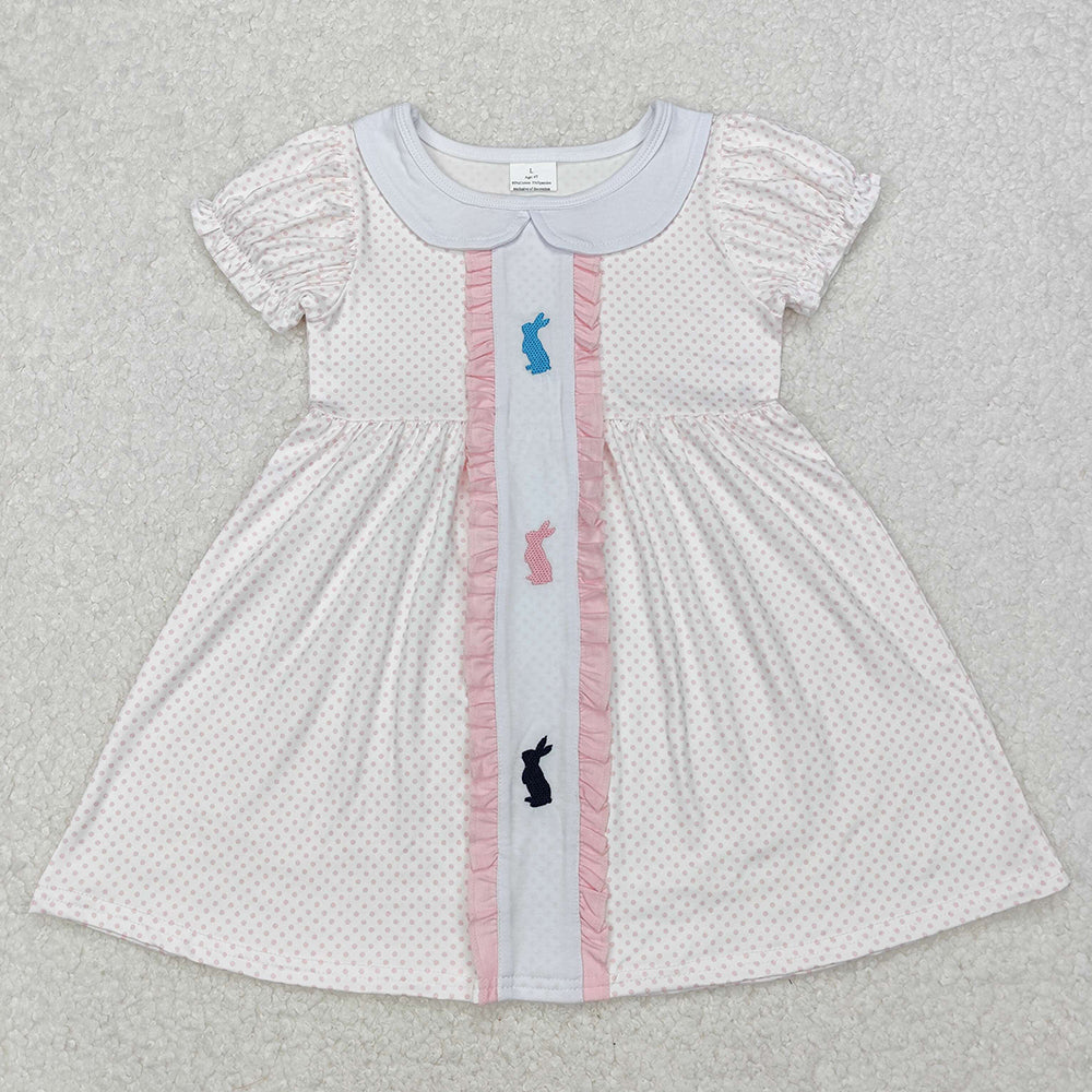Baby Girl Short Sleeves Embroidery Easter Rabbits Sibling Romper Dress RTS