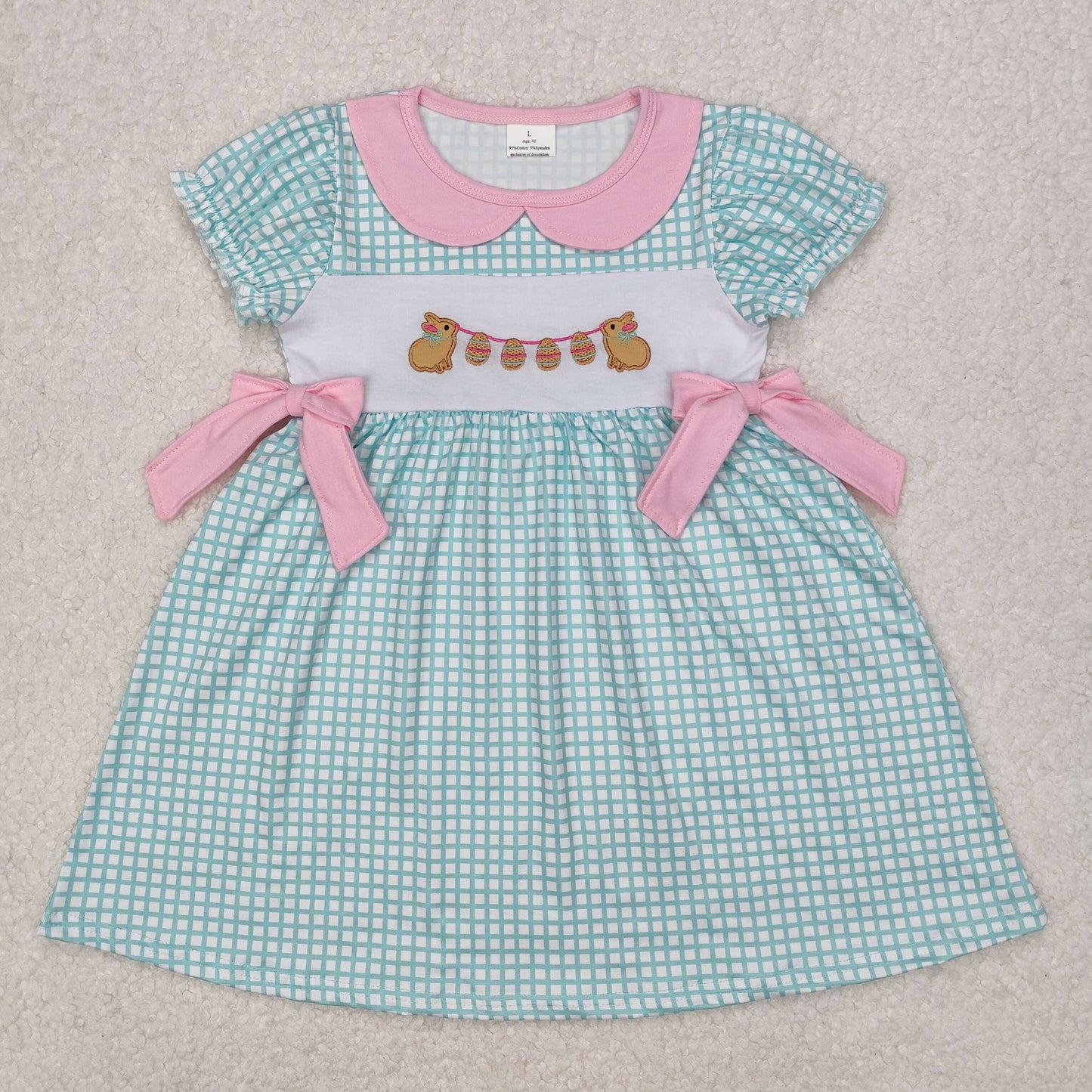 Baby Girl Toddler Short Sleeves Embroidery Rabbits Eggs Bows Sibling Easter Dress Clothes Outfit RTS