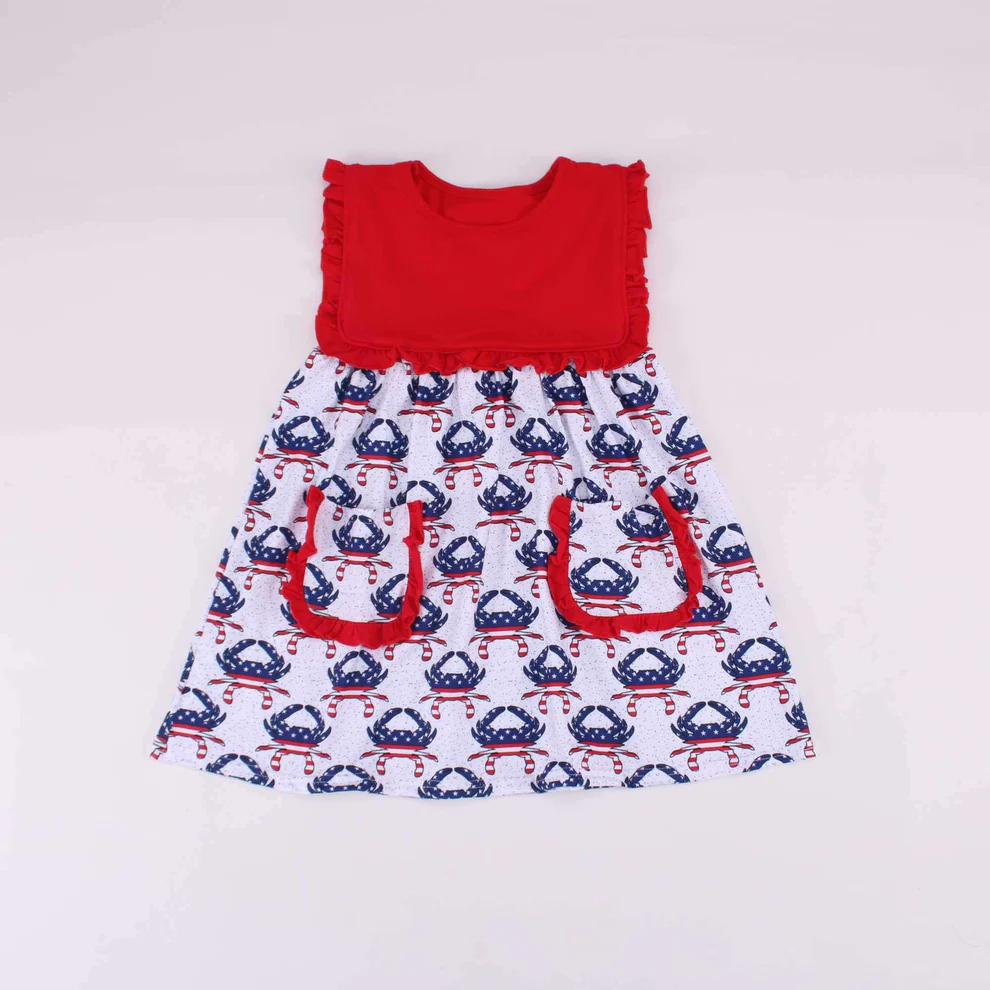 Preorder Baby Girl Sleeveless July 4th Crabs Pockets Knee Length Dress