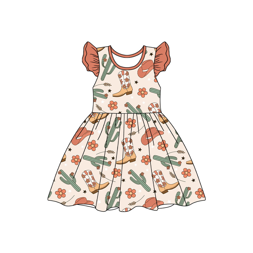 Preorder Baby Girl Short Sleeves Western Cactus Boots Knee Length Dress