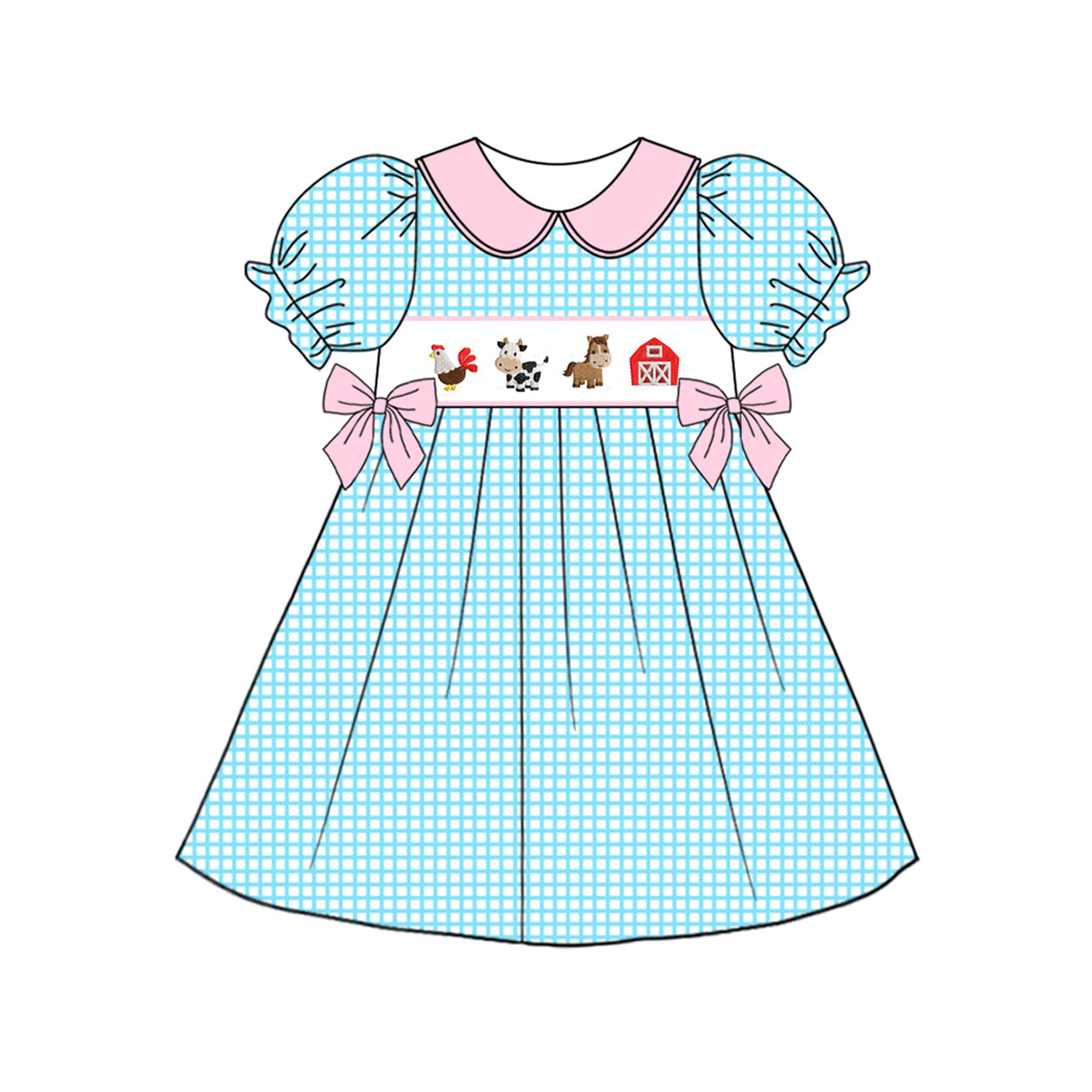 Preorder Baby Girl Short Sleeves Blue Checkered Farm Animals Bows Knee Length Dress