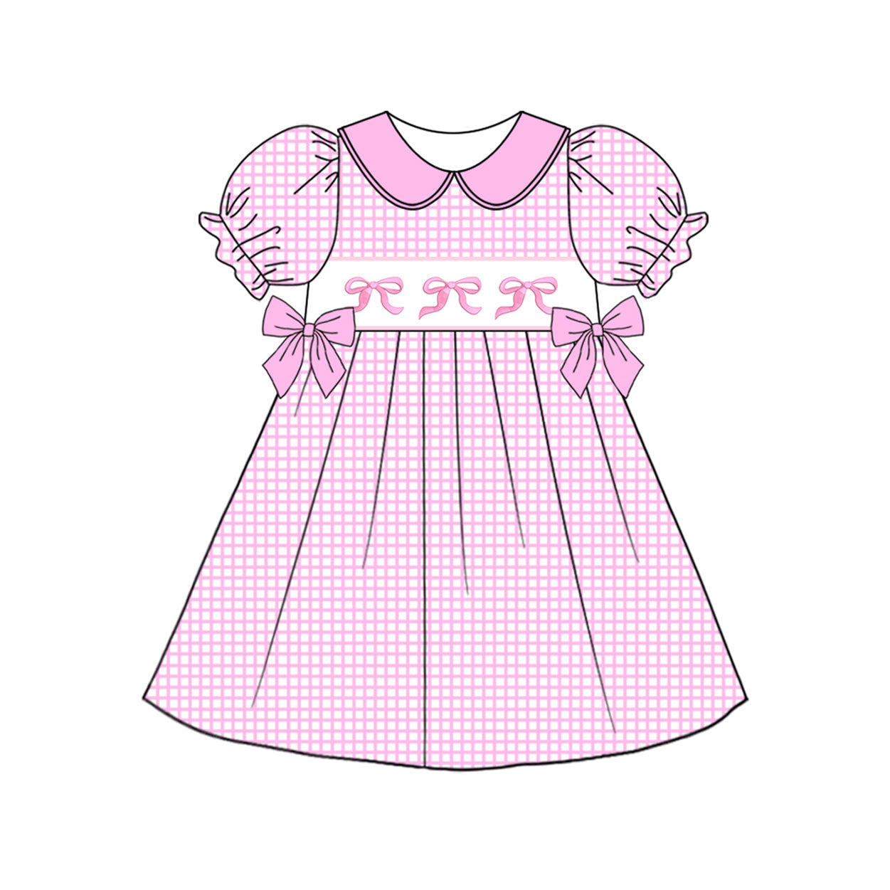 Preorder Baby Girl Short Sleeves Pink Checkered Bows Knee Length Dress