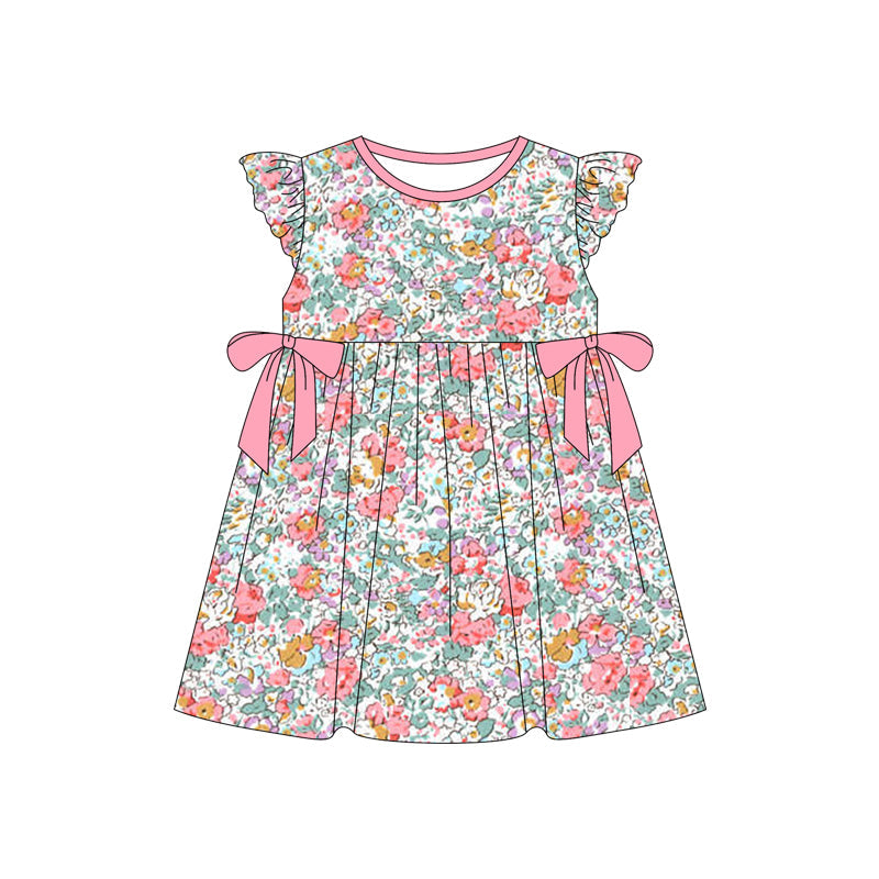 Preorder Baby Girl Short Sleeves Flower Bows Knee Length Dress