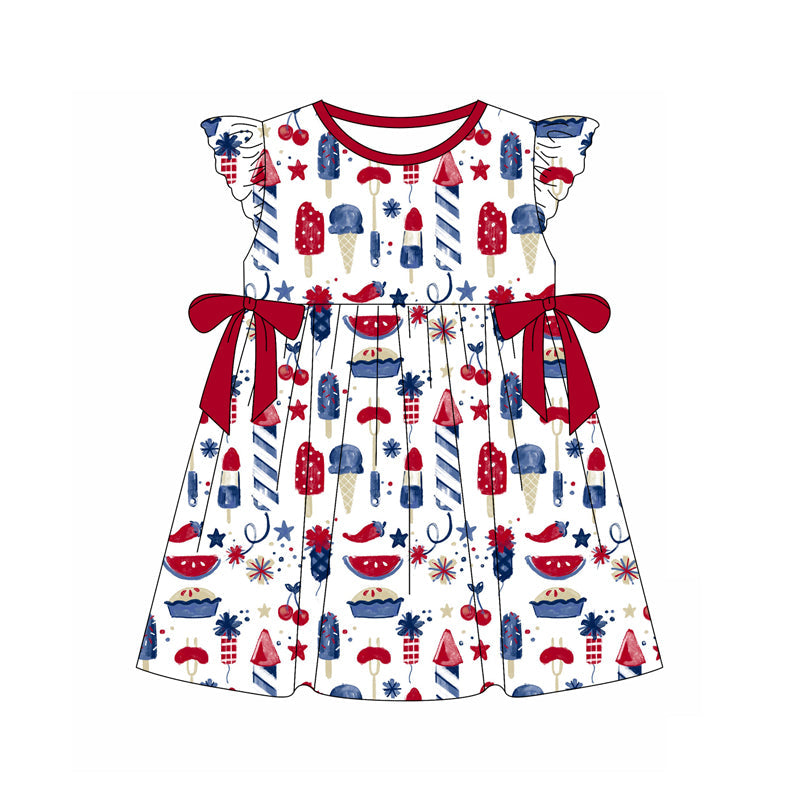 Preorder Baby Girl Short Sleeves July 4th Popsicle Bows Knee Length Dress