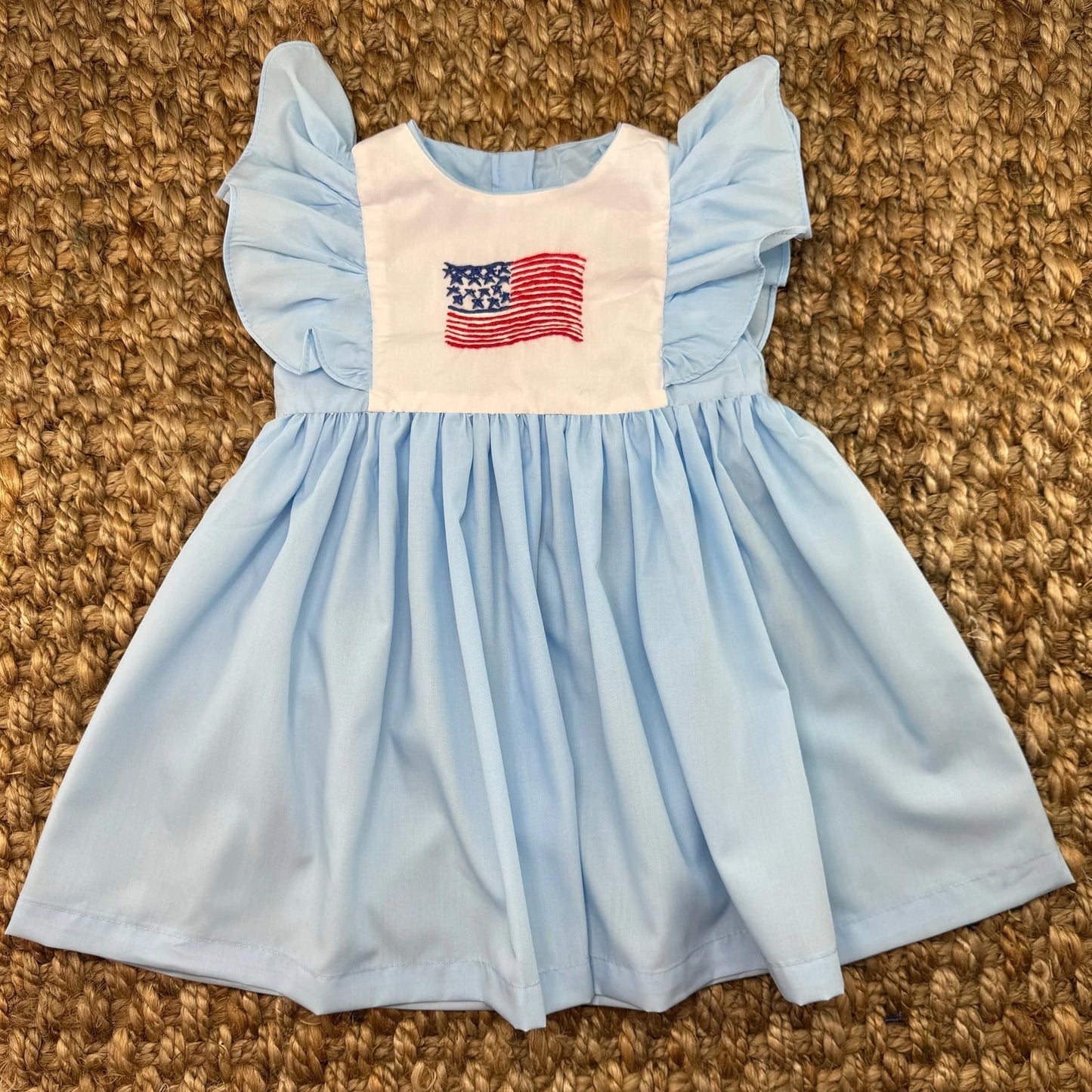 Preorder Baby Girl Short Sleeves July 4th Flag Knee Length Blue Dress
