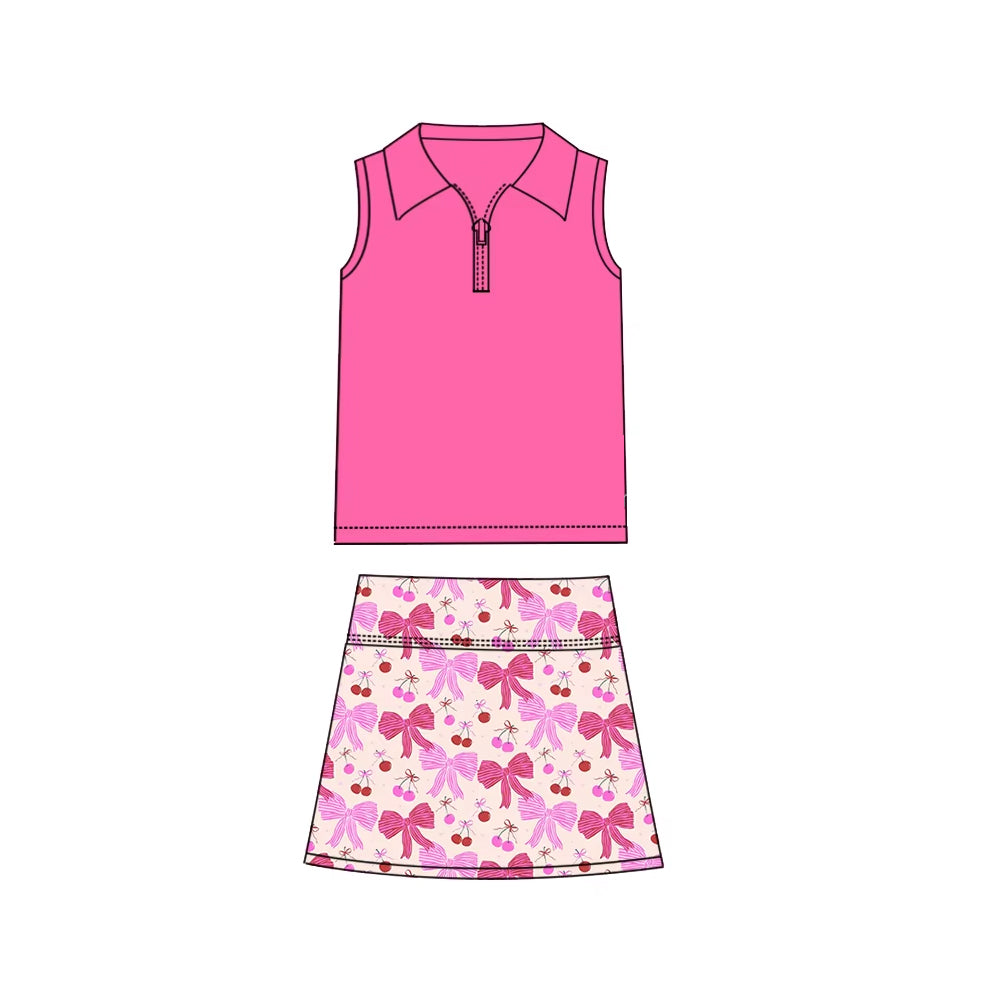 Preorder Baby Girl Sleeveless Zipper Pink Shirt Bows Skirts Clothes Set
