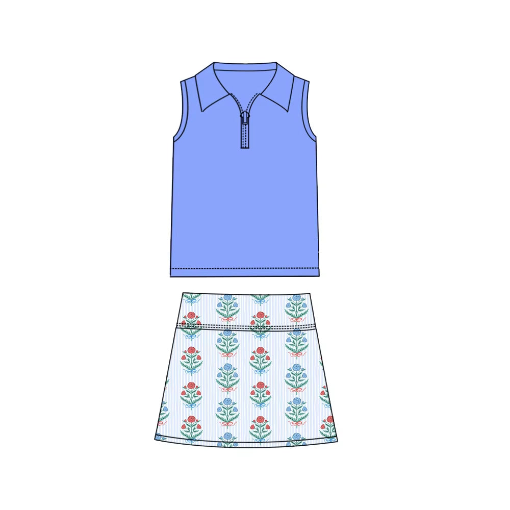 Preorder Baby Girl Sleeveless Zipper Blue Shirt Flower Skirts Clothes Set