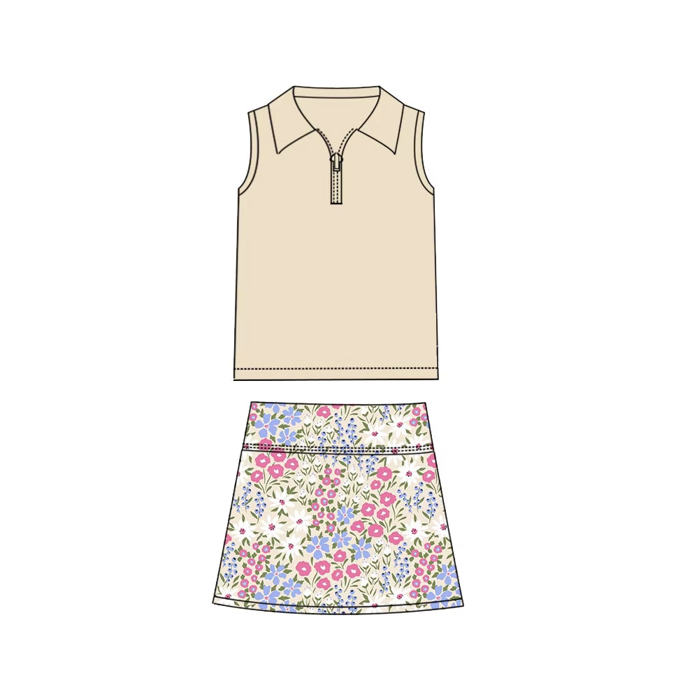 Preorder Baby Girl Sleeveless Zipper Khaki Shirt Flower Skirts Clothes Set