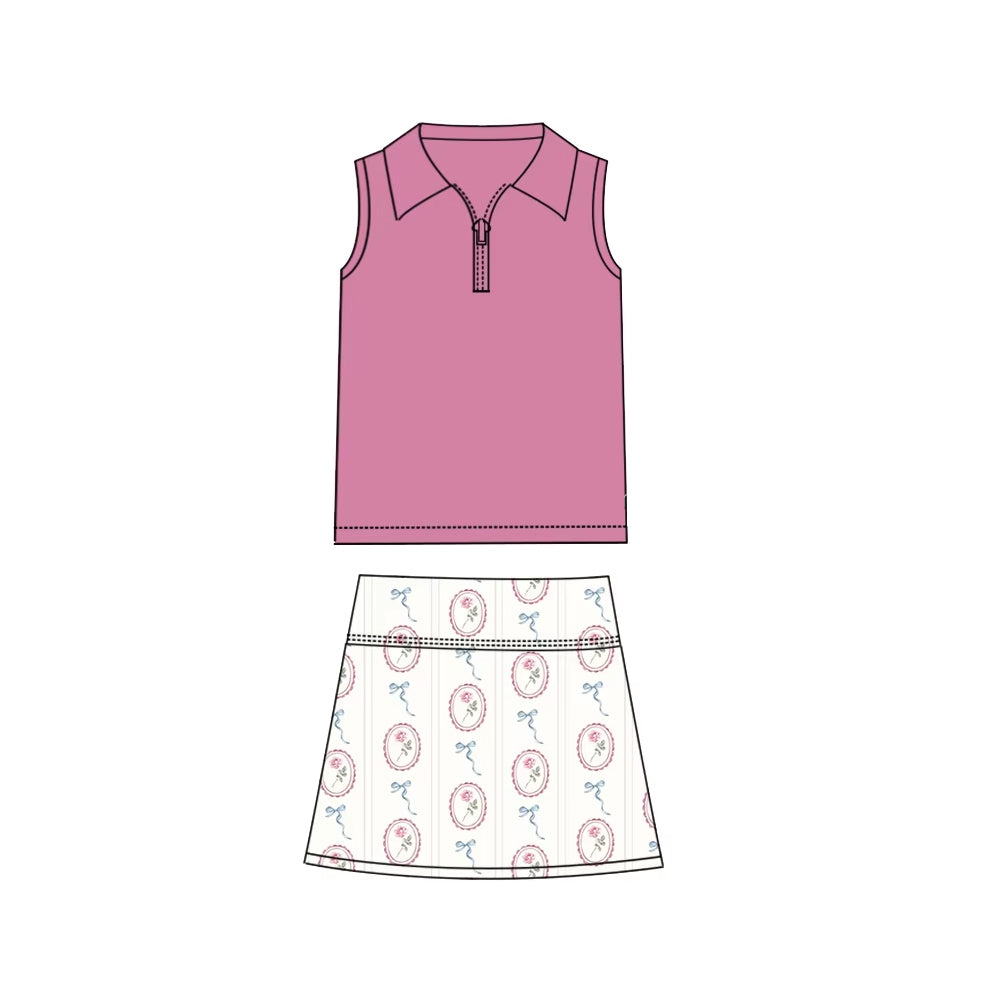Preorder Baby Girl Sleeveless Zipper Cotton Shirt Flower Skirts Clothes Set