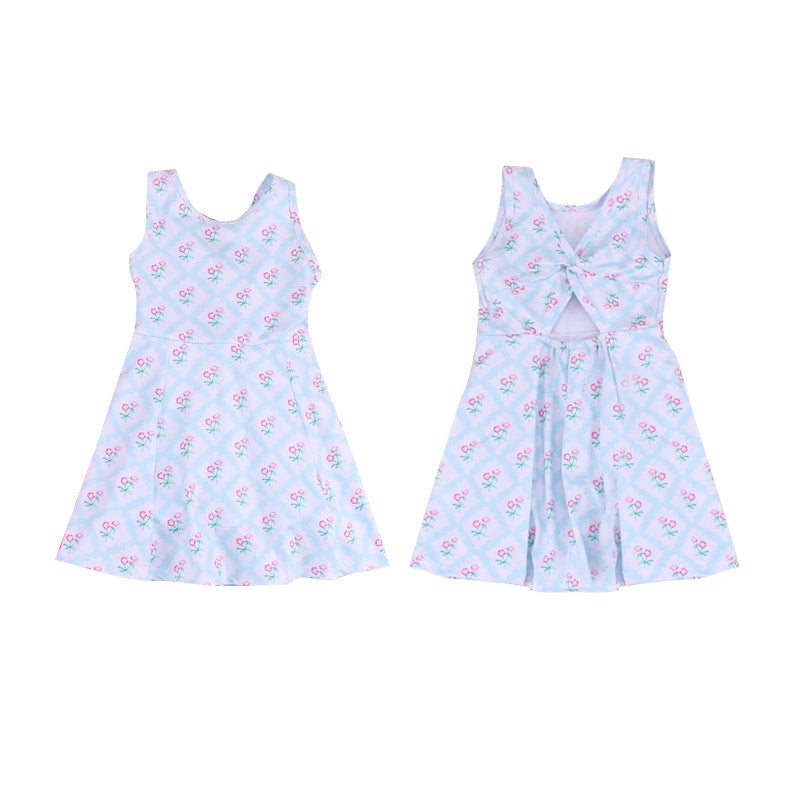 Preorder Baby Girl Sleeveless Flower Checked Backless Knee Length Dress