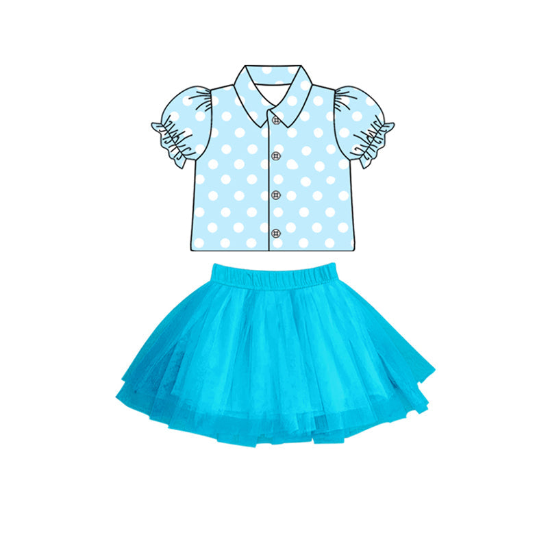 Preorder Baby Girl Short Sleeves Dots Buttons Shirt Blue Tulle Skirt Clothes Set