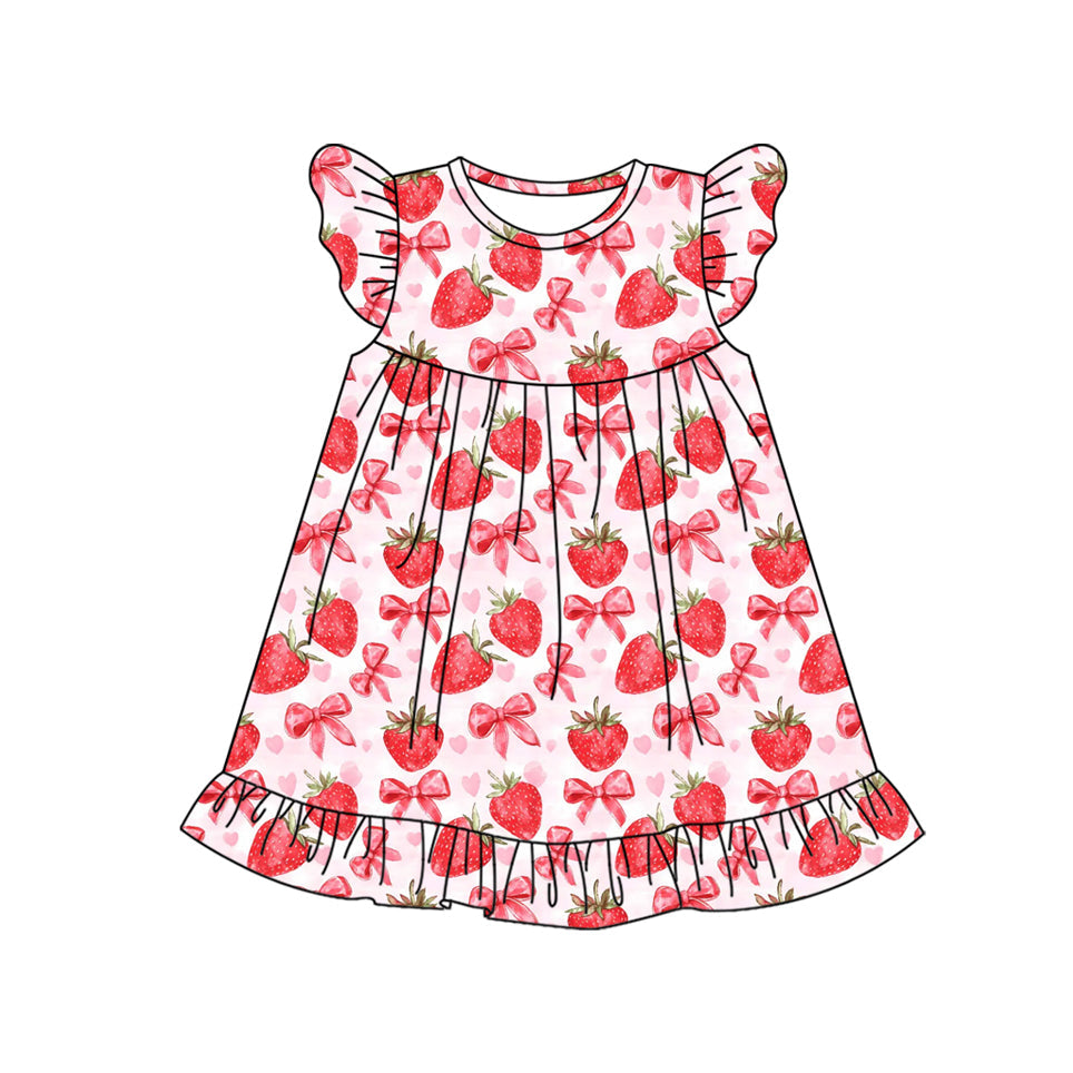 Baby Girl Short Sleeves Strawberry Bows Hearts Knee Length Dress RTS