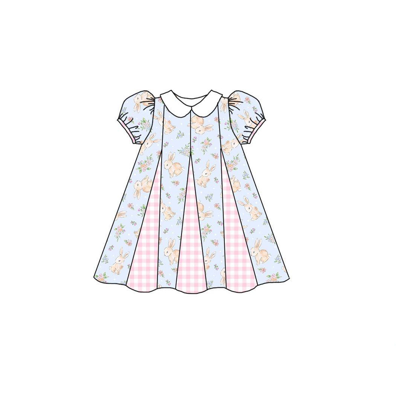 Preorder Baby Girl Short Sleeves Easter Flower Rabbits Checked Knee Length Dress