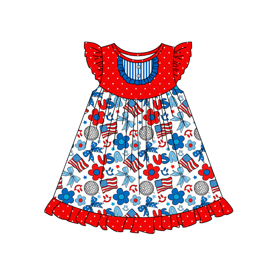 Preorder Baby Girl Short Sleeves July 4th Flags Flower Bows Knee Length Dress
