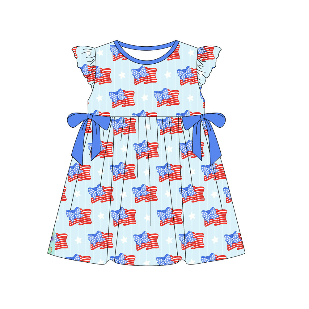 Preorder Baby Girl Short Sleeves July 4th Bows Flags Knee Length Dress