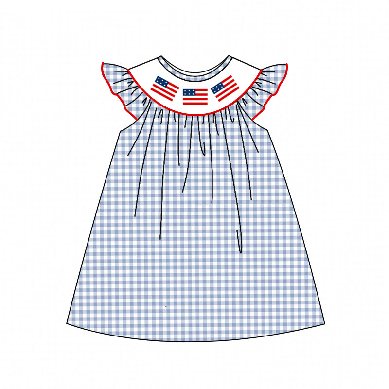 Baby Girl Short Sleeves July 4th Embroidery Flags Blue Checked Smocked Dress RTS