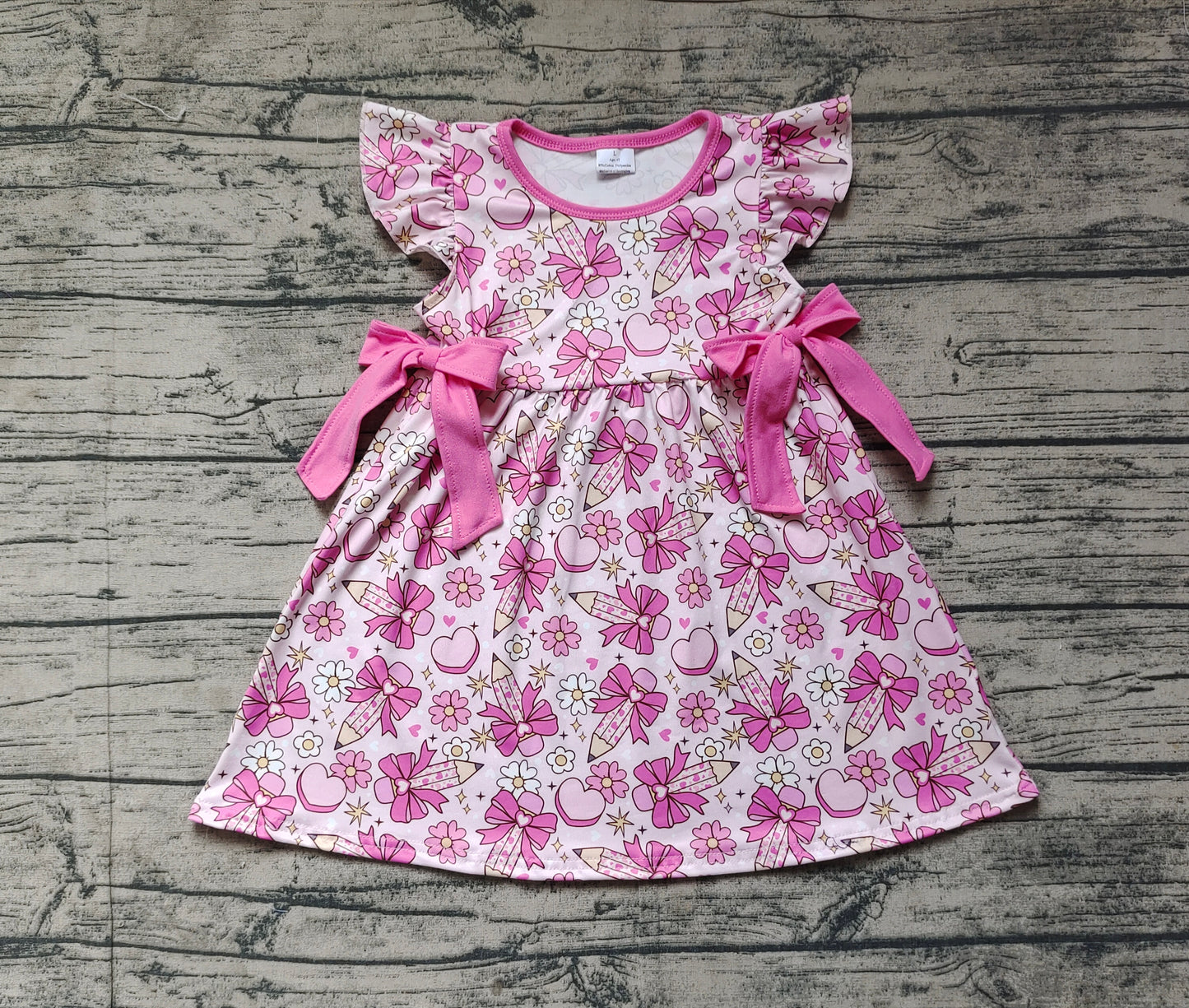 Baby Girl Pencils Bows Hearts Flowers Back To School Pink Dress RTS